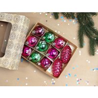 Set Glas Vintage Weihnachtsschmuck in Box, Kugel Und Zapfen, Hängende Weihnachtsbaum Rosa Grüne Dekorationen von Grannysbox