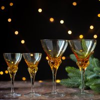Vintage Amber Stielglas-Set, Champagner - Und Likörgläser, Mid Century Barzubehör von Grannysbox