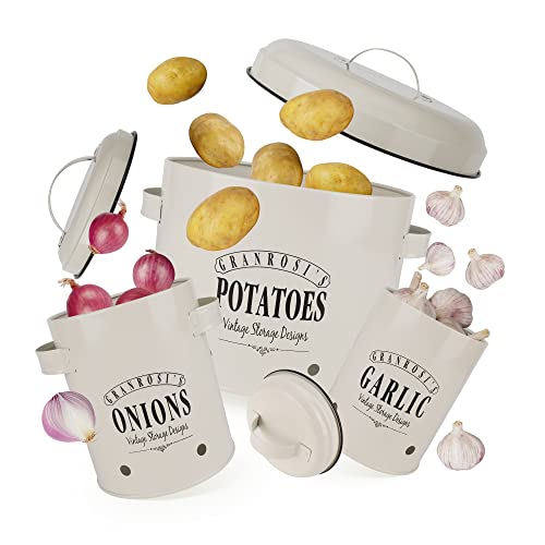 Granrosi Aufbewahrungsbox 3er Set, Kartoffel Aufbewahrungsbox & Zwiebel Aufbewahrung, Zwiebeltopf & Kartoffel Aufbewahrung, Vintage Design Topf für Lange Haltbarkeit (Vintage Grau) von Granrosi