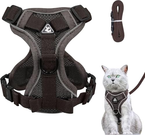 Verstellbares Katzengeschirr Ausbruchsicher, Katzengeschirr mit Leine Set, Softgeschirr für Katze Brustgeschirr für Katzen Kitten Hunde Welpen (Braun, XS) von Grantop