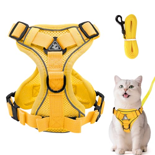 Verstellbares Katzengeschirr Ausbruchsicher, Katzengeschirr mit Leine Set, Softgeschirr für Katze Brustgeschirr für Katzen Kitten Hunde Welpen (Gelb, S) von Grantop