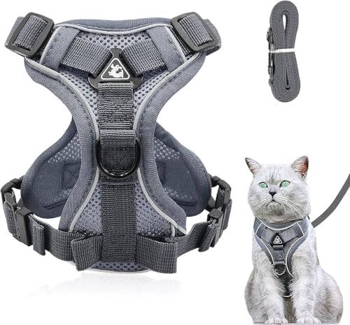 Verstellbares Katzengeschirr Ausbruchsicher, Katzengeschirr mit Leine Set, Softgeschirr für Katze Brustgeschirr für Katzen Kitten Hunde Welpen (Grau, XS) von Grantop