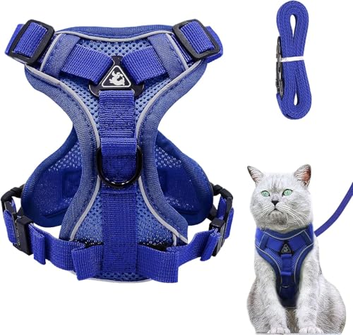 Verstellbares Katzengeschirr Ausbruchsicher, Katzengeschirr mit Leine Set, Softgeschirr für Katze Brustgeschirr für Katzen Kitten Hunde Welpen (Tiefes Blau, XS) von Grantop
