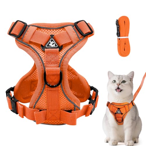 Verstellbares Katzengeschirr Ausbruchsicher, Katzengeschirr mit Leine Set, Softgeschirr für Katze Brustgeschirr für Katzen Kitten Hunde Welpen (orange Farbe, L) von Grantop
