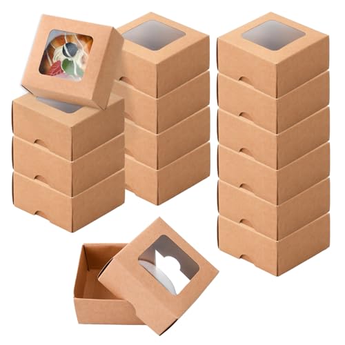 Granvoo 30 Stück Kraftpapier Box mit Sichtfenster, Kraftpapier Geschenkboxen, Keksschachtel, Muffin Cupcake Box, Gebäckkartons, Kartonschachtel für Cupcake Kekse Kuchen Geschenke Dessert von Granvoo