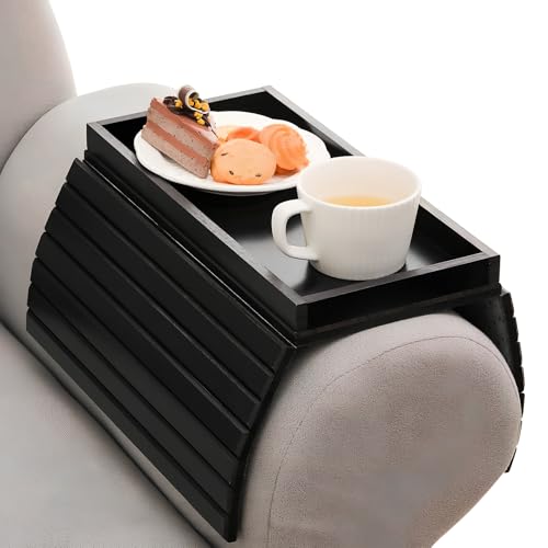 Granvoo Flexibles Sofatablett aus Bambus für Armlehne, Rutschfestes Couch Tablett, Faltbarer Sofa Armlehne Ablage für Fernbedienung Snacks Handy Getränke Tasse (Schwarz) von Granvoo