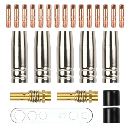 Granvoo MIG/MAG Verschleißteile Set, 25 Stück Schweißzubehör, Schutzgasschweißgerät Zubehör mit 5 Gasdüsen, 15 0.8mm Powerdüsen, 2 Düsenstiel, 2 Isolator, 1 Schraubenschlüssel von Granvoo