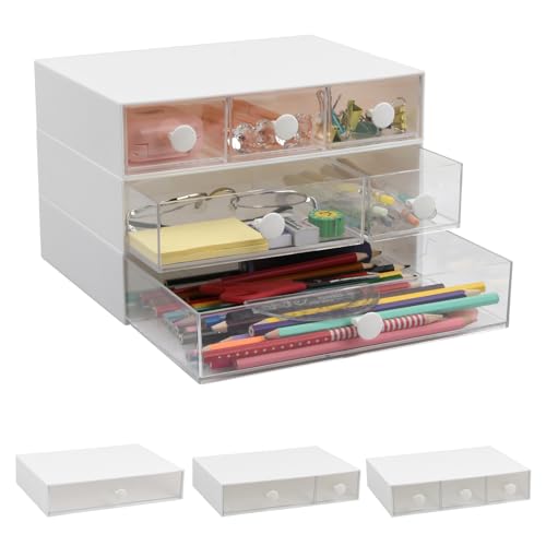 Granvoo Stapelbare Schubladenboxen mit 6 Schubladen, 3-Stück Klein Aufbewahrungsboxen für Kosmetik, Schmuck, Bürobedarf, Transparente Schubladen für Schreibtisch Organizer, Badezimmer, Büro, Weiß von Granvoo