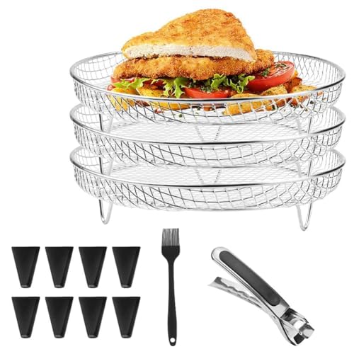 Graootoly Luftfritteusen-Rack, rund, 3-lagig, stapelbar, Dehydrator-Rack, Silber und Schwarz, Zubeh?r f?r Luftfritteusenkorb, Tablett von Graootoly