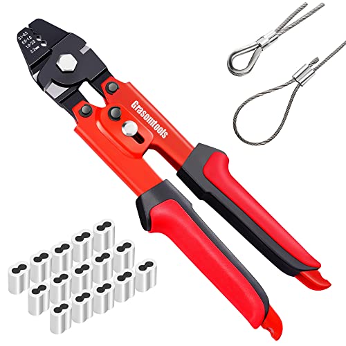 Crimpzange, Drahtseil-Crimpzange, bis zu 2,2 mm Swager Crimper Angeldraht-Crimpzange mit 100 Stück Aluminium-Doppelhülsen-Crimpschleifenhülsen-Kit von Grasomtools