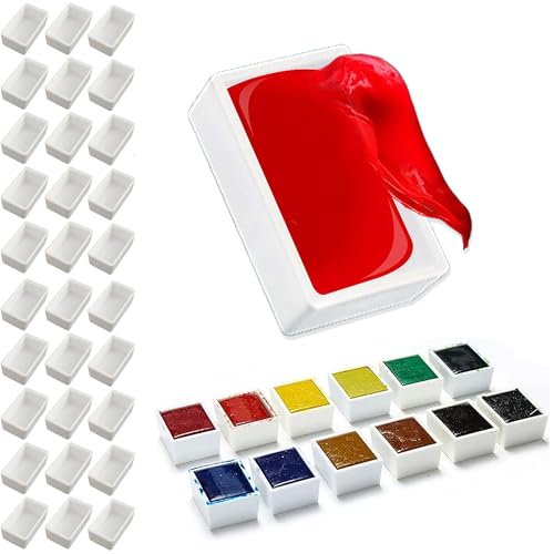 30Pcs Wasserbehälter Farbkasten, Watercolor Palette Wet Paletten Aquarellkasten Leer Wasserfarben Farbwanne Aquarell Leerkasten Gouache Palette Aus Kunststoff Gouache Ölgemälde Skizzieren(Weiß) von Grasslandy