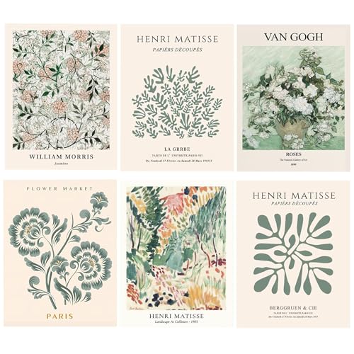 6Pcs Pflanzen Bilder Grün Wanddeko Aesthetic Poster Bilder Blumen, Kunstdruck Leinwand Bilder Matisse Poster, Modern Clean Girl Aesthetic Deko Schlafzimmer Wanddeko Pictures 20x25 Cm, Ohne Rahmen von Grasslandy