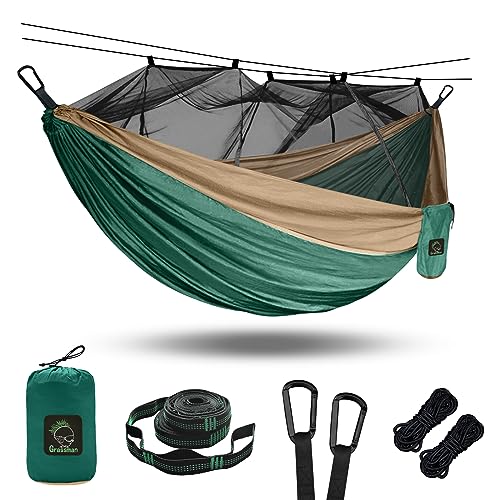 Camping Hängematte mit Moskito/Bug Netz, Tragbare Fallschirm Nylon Hängematte mit 10ft Hängematte Baumriemen 17 Schlaufen und einfache Montage Karabiner, für Camping, Rucksackreisen, Reisen, Wandern von Grassman