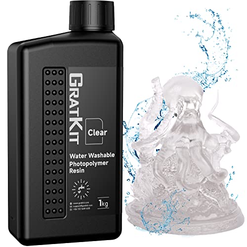 GratKit 8K Wasser Abwaschbar 3D Drucker Resin, 395-405nm UV-härtendes Harz, Aktualisierte Formel, Geringer Geruch, für 4K/8K Geeignet LCD/DLP/SLA 3D Drucker, 1000g Transparent von GratKit