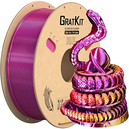 GratKit Tricolor Silk PLA Filament 1,75mm 1kg Spule, Dreifarbiges 3D-Drucker Filament mit +/-0,03mm Präzision, Einfach zu drucken, Rot Gold Und Violett von GratKit
