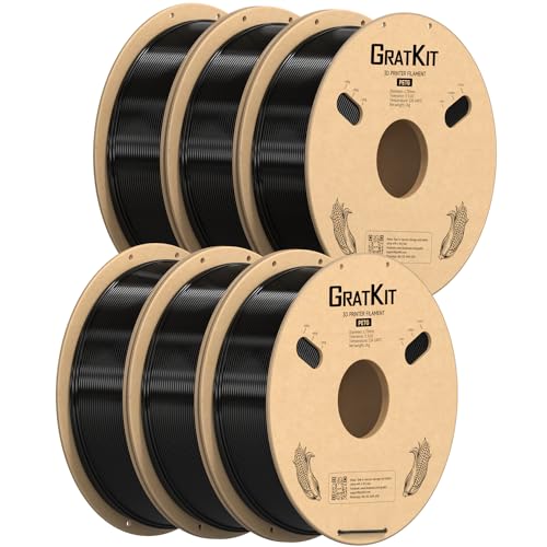 GratKit PETG 3D-Drucker Filament 1,75mm 6kg Spule, 3D-Druck Filament±0,03mm Präzision, Leicht zu drucken, Gleichmäßige Wicklung, 6 * 1KG, 6 Packs, Schwarz von GratKit