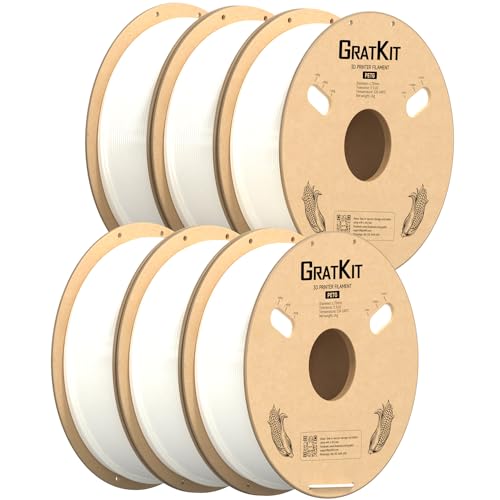 GratKit PETG 3D-Drucker Filament 1,75mm 6kg Spule, 3D-Druck Filament±0,03mm Präzision, Leicht zu drucken, Gleichmäßige Wicklung, 6 * 1KG, 6 Packs, Weiß von GratKit