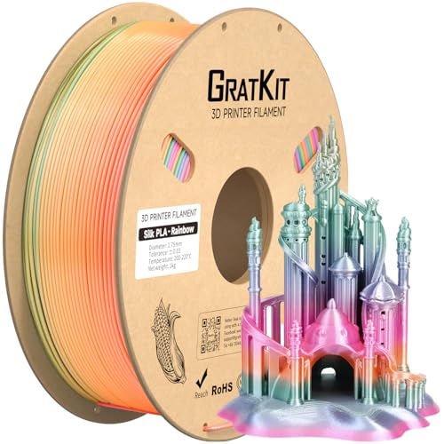 GratKit Regenbogen PLA Filament mit Seidenglanz 1,75mm, 1kg Spule, Farbwechsel 3D-Drucker Silk Filament mit +/-0,03mm Präzision, gleichmäßige Wicklung, Neu Candy Rainbow PLA, 1000g von GratKit
