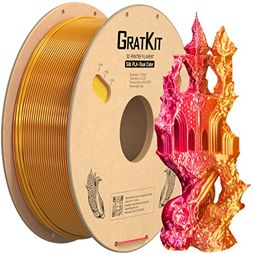GratKit Dual Color Silk PLA Filament 1,75mm 1kg Spule, Zweifarbiges 3D-Drucker Filament mit +/-0,03mm Präzision, Einfach zu drucken, Rot Und Gold von GratKit