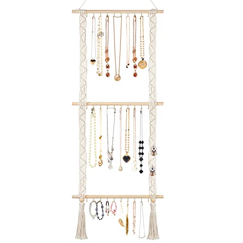 Grathia Hängender Schmuck-Organizer Makramee-Halskettenhalter mit 30 Haken, Wandmontage, Halskettenhalter mit Quaste für Halsketten, Armbänder, Ohrringe (Beige) von Grathia