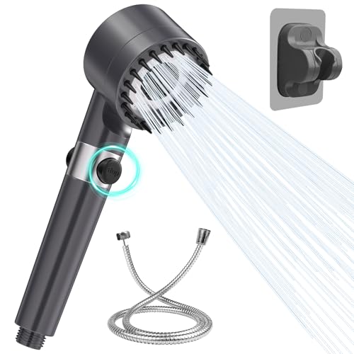 Gratuipolmep Duschkopf, Hochdruck Handbrause mit Filter, Edelstahl Schlauch und Duschkopfhalterung Ohne Bohren, 3 Strahlarten, Universal Einstellbarer Brausekopf Dusche mit Stoppfunktion von Gratuipolmep