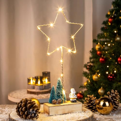 Gravidus LED-Metallstern auf Holzständer mit 15 warmweißen LEDs Weihnachtsdeko batteriebetrieben von Gravidus
