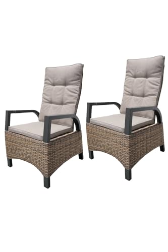 Gravidus Hochlehner Amelia 2er Set mit Kissen, Gartenstuhl aus Kunststoffgeflecht und Aluminium, verstellbare Rückenlehne, wetterfest, Farbe Champagner Braun von Gravidus
