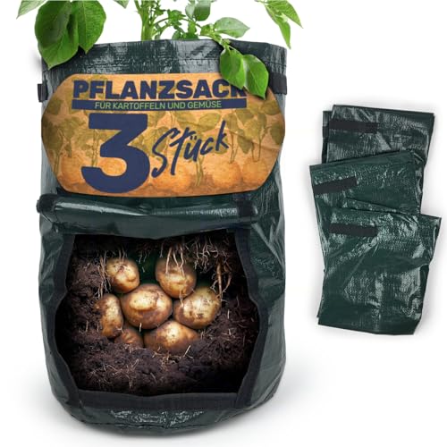 Gravidus Kartoffel Pflanzsack 40 Liter – Einfacher Gemüseanbau, Ösen gegen Staunässe, praktischer Handgriff und Folienklappe, aus strapazierfähigem Kunststoff (Grün, Ø 30 x 43 cm) (3 Stück) von Gravidus
