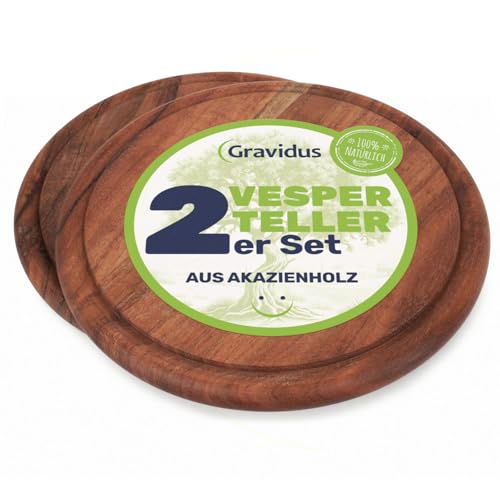 Gravidus Vesperteller aus FSC-zertifiziertem Akazienholz ⌀ 25 cm – langlebiger Brotzeitteller mit Saftrille, schnittfest & messerschonend – ideal für Frühstück, Brotzeit & Servieren (2 Stück) von Gravidus