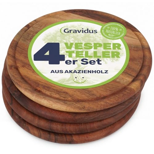 Gravidus Vesperteller aus FSC-zertifiziertem Akazienholz ⌀ 25 cm – langlebiger Brotzeitteller mit Saftrille, schnittfest & messerschonend – ideal für Frühstück, Brotzeit & Servieren (4 Stück) von Gravidus