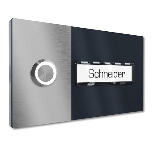 Graviers Design Aufputz Klingel 1 Namensschild austauschbar für Haustür - V2A Edelstahl Türklingel 140x80 mm Pulverbeschichtet RAL 7016 - LED Klingeltaster Beleuchtung wählbar von Graviers Design