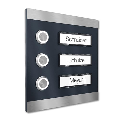 Graviers Design Aufputz Türklingel für Mehrfamilienhaus 3 Namensschilder austauschbar - V2A Edelstahl Klingel 140x150 mm - Name Beleuchtung wählbar LED Taster Klingelplatte Graviers Design Aufputz Türklingel für Mehrfamilienhaus 3 Namensschilder austauschbar - V2A Edelstahl Klingel 140x150 mm - Name Beleuchtung wählbar LED Taster Klingelplatte von Graviers Design