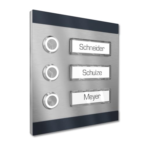 Graviers Design Aufputz Türklingel für Mehrfamilienhaus 3 Namensschilder austauschbar - V2A Edelstahl Klingel 140x150 mm Pulverbeschichtet RAL 7016 - Beleuchtung wählbar LED Taster Graviers Design Aufputz Türklingel für Mehrfamilienhaus 3 Namensschilder austauschbar - V2A Edelstahl Klingel 140x150 mm Pulverbeschichtet RAL 7016 - Beleuchtung wählbar LED Taster von Graviers Design