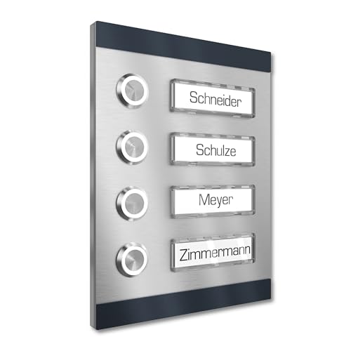 Graviers Design Aufputz Türklingel für Mehrfamilienhaus 4 Namensschilder austauschbar - V2A Edelstahl Klingel 140x185 mm Pulverbeschichtet RAL 7016 - Beleuchtung wählbar LED Taster von Graviers Design