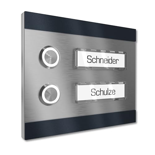 Graviers Design Aufputz Türklingel für Zweifamilienhaus 2 Namensschilder austauschbar - V2A Edelstahl Klingel 140x115 mm Pulverbeschichtet RAL 7016 - Beleuchtung wählbar LED Taster von Graviers Design