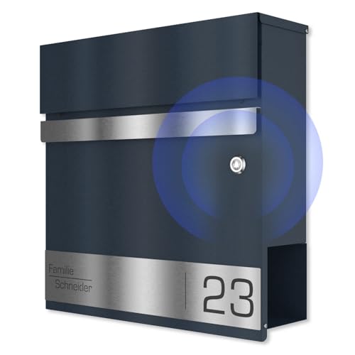 Graviers Design Briefkasten in Anthrazit RAL 7016 mit Funkklingel - Postkasten personalisiert Edelstahl Namensschild Laserschnitt Gravur - mit Schloss Zeitungsfach von Graviers Design