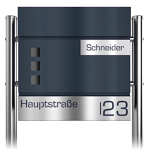 Graviers Design Briefkasten in Anthrazit RAL 7016 mit Standfuß freistehend - Sichtfenster Postkasten personalisiert Edelstahl Name Straße Hausnummer Laserschnitt Gravur mit Schloss Zeitungsfach von Graviers Design