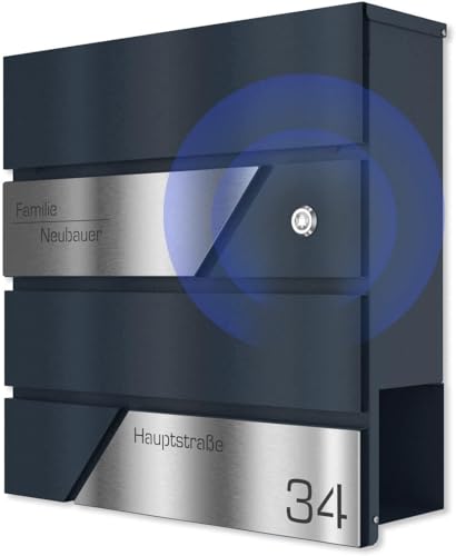 Graviers Design Briefkasten mit Funkklingel in Anthrazit RAL 7016 - Wandbriefkasten personalisiert Edelstahl Lasergravur Name Hausnummer Straßenname - Postkasten Schloss Zeitungsfach Design 1 von Graviers Design