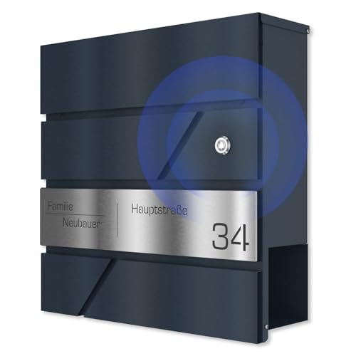 Graviers Design Briefkasten mit Funkklingel in Anthrazit RAL 7016 - Wandbriefkasten personalisiert Edelstahl Lasergravur Name Hausnummer Straßenname - Postkasten Schloss Zeitungsfach Design 2 von Graviers Design