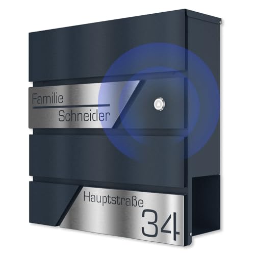 Graviers Design Briefkasten mit Funkklingel in Anthrazit RAL 7016 - Wandbriefkasten personalisiert Edelstahl - Postkasten Briefbox mit Schloss Zeitungsfach von Graviers Design
