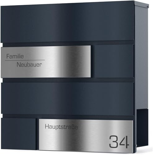 Graviers Design Briefkasten mit Zeitungsfach in Anthrazit RAL 7016 - Lasergravur Postkasten personalisiert Edelstahl Name Straße Hausnummer - Wandbriefkasten Briefbox mit Schloss Design 1 von Graviers Design
