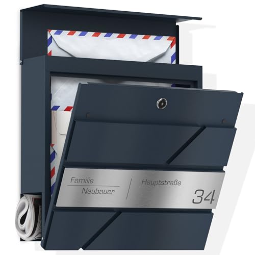 Graviers Design Briefkasten mit Zeitungsfach in Anthrazit RAL 7016 - Postkasten personalisiert Edelstahl Lasergravur Name Hausnummer Straßenname - Wandbriefkasten Schloss Zeitungsrolle Design 2 von Graviers Design