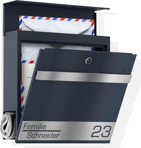 Graviers Design Briefkasten mit Zeitungsfach in Anthrazit RAL 7016 - Postkasten personalisiert Edelstahl Name Hausnummer Laserschnitt Gravur Wandbriefkasten mit Schloss von Graviers Design