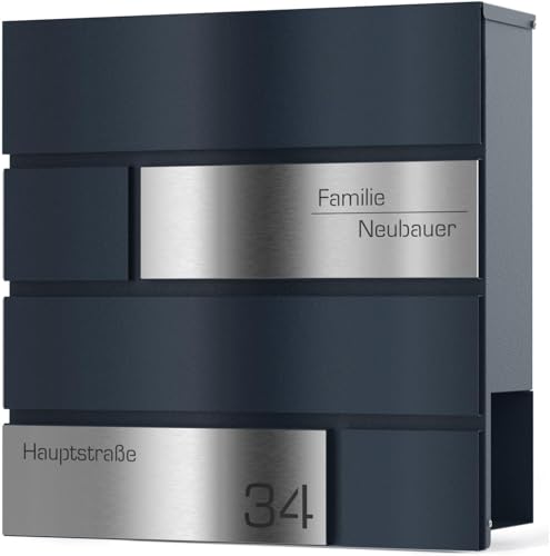 Graviers Design Briefkasten mit Zeitungsfach in Anthrazit RAL 7016 - Postkasten personalisiert Edelstahl Name Straße Hausnummer - Wandbriefkasten Briefbox mit Schloss Design 1 von Graviers Design