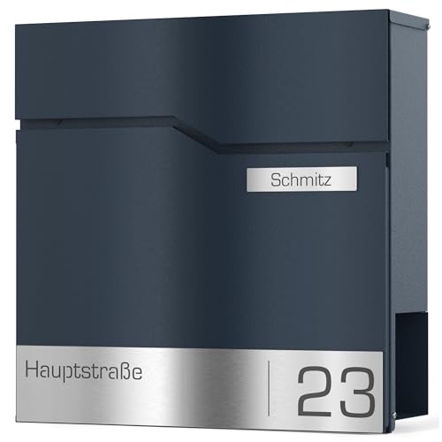 Graviers Design Briefkasten mit Zeitungsfach in Anthrazit RAL 7016 - Postkasten personalisiert Edelstahl Namen Schild Straßenname Hausnummer - Wandbriefkasten Briefbox mit Schloss Zeitungsrolle von Graviers Design