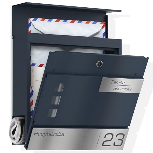 Graviers Design Briefkasten mit Zeitungsfach in Anthrazit RAL 7016 - Sichtfenster Postkasten personalisiert Edelstahl Name Straße Hausnummer - Wandbriefkasten Briefbox mit Schloss Zeitungsrolle von Graviers Design