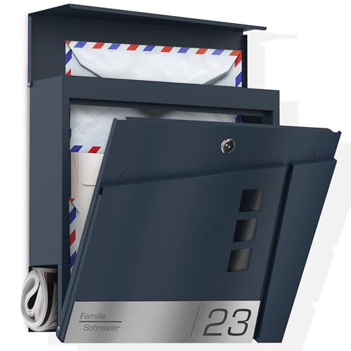 Graviers Design Briefkasten mit Zeitungsfach in Anthrazit RAL 7016 - Sichtfenster Postkasten personalisiert Edelstahl Namensschild Hausnummer - Wandbriefkasten Briefbox mit Schloss Zeitungsrolle von Graviers Design