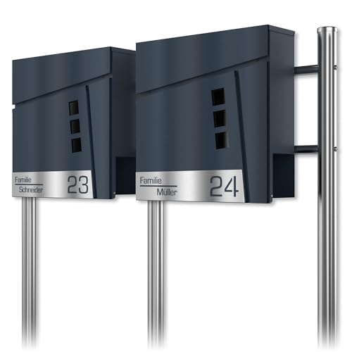 Graviers Design Doppel Briefkasten in Anthrazit RAL 7016 mit Standfuß freistehend - Sichtfenster Postkasten personalisiert Edelstahl Laserschnitt Gravur mit Schloss Zeitungsfach Graviers Design Doppel Briefkasten in Anthrazit RAL 7016 mit Standfuß freistehend - Sichtfenster Postkasten personalisiert Edelstahl Laserschnitt Gravur mit Schloss Zeitungsfach von Graviers Design