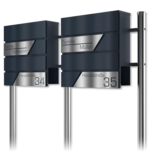Graviers Design Doppelbriefkasten in Anthrazit RAL 7016 mit Standfuß freistehend - Postkasten personalisiert Edelstahl Namensschild - Briefbox mit SchlossZeitungsfach von Graviers Design