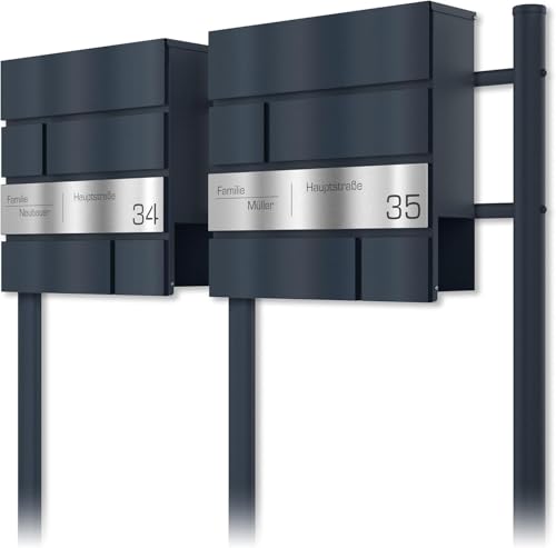 Graviers Design Doppelbriefkasten mit Ständer Anthrazit RAL 7016 - Standbriefkasten Edelstahl Personalisierung Name Straße Hausnummer - Briefbox mit Schloss Design 2 von Graviers Design